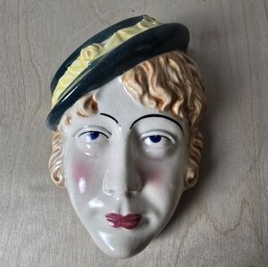 Vintage  Art Deco Lady Face Wall Pocket 1930s Green & Yellow Hat
